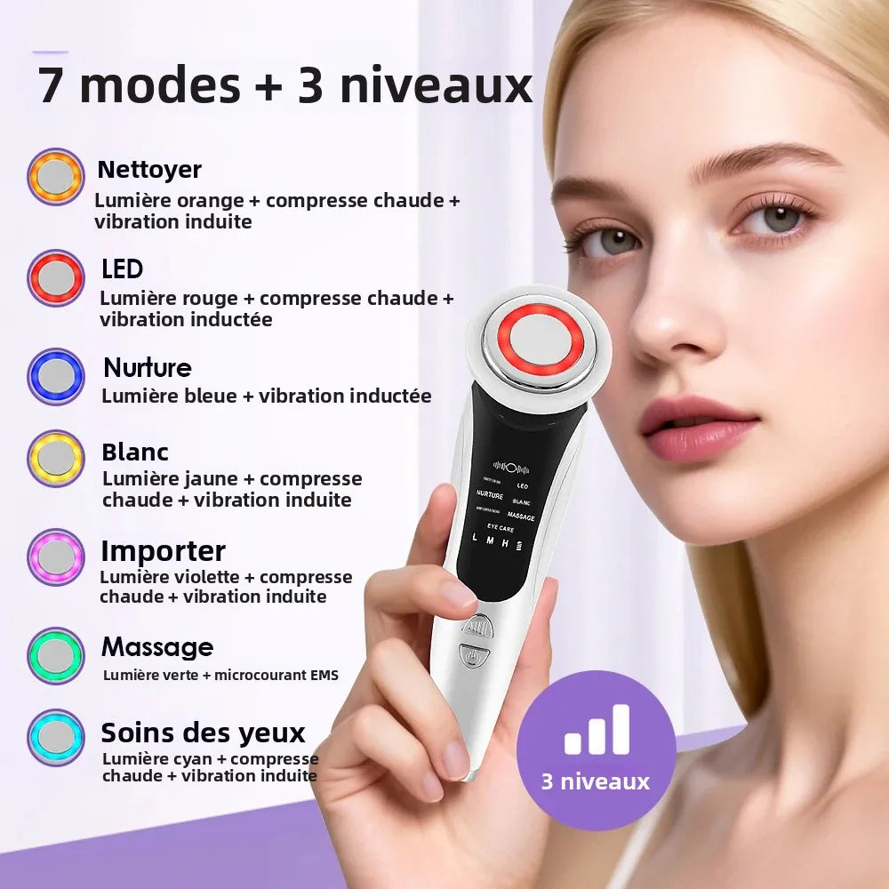 7 in 1 EMS Facial Massager Face Beauty Instrument with Induced Vibration and Hot Compress Face Skin Care Tool LED Light Therapy