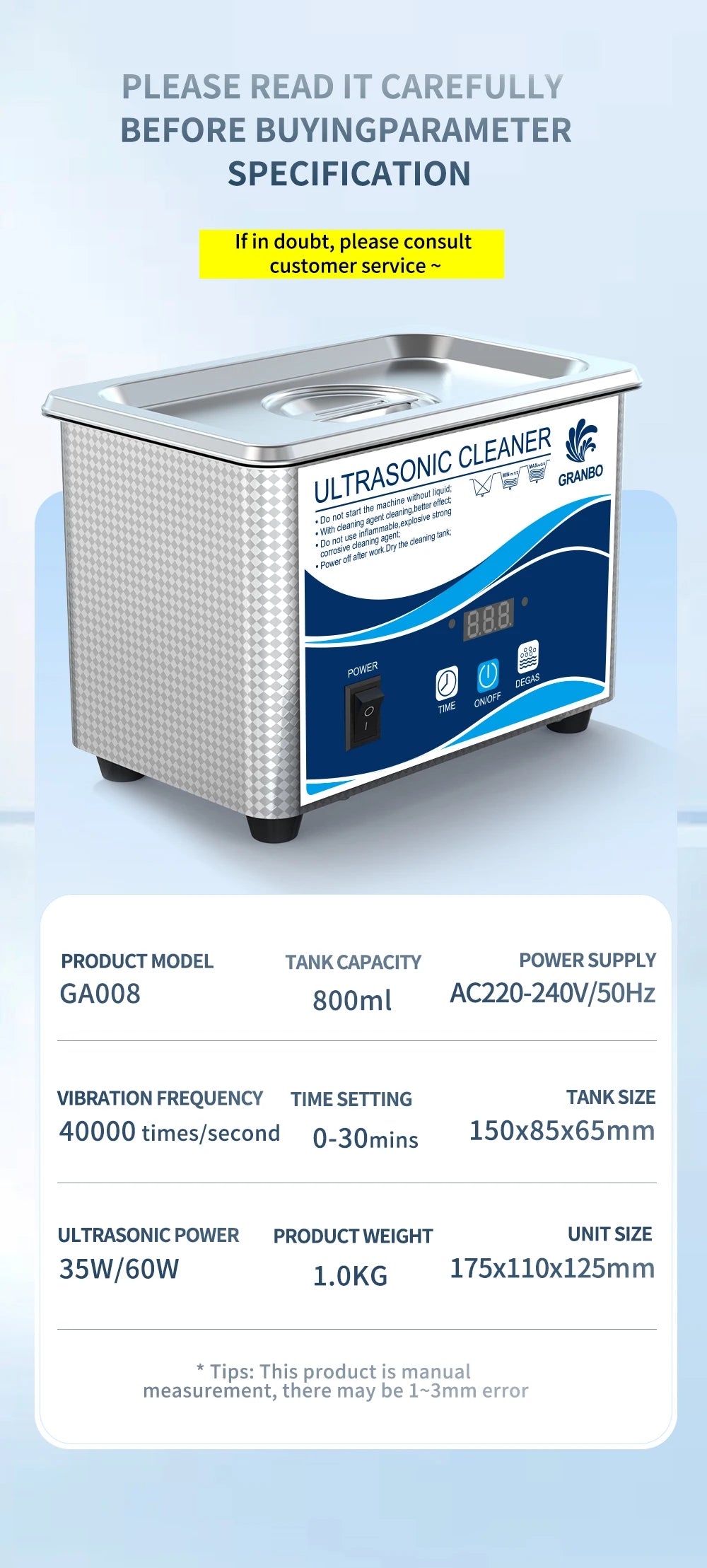 800ml Household Digital Ultrasonic Cleaner 60W Stainless Steel Bath 110V 220V Degas Ultrasound Washing for Watches Jewelry