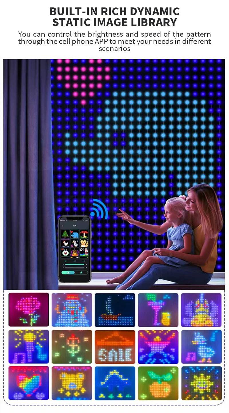 Smart RGB LED Curtain Lights RGB LED String Light AppControl USB DIY Text Animation Display Music Sync for Christmas Party Decor