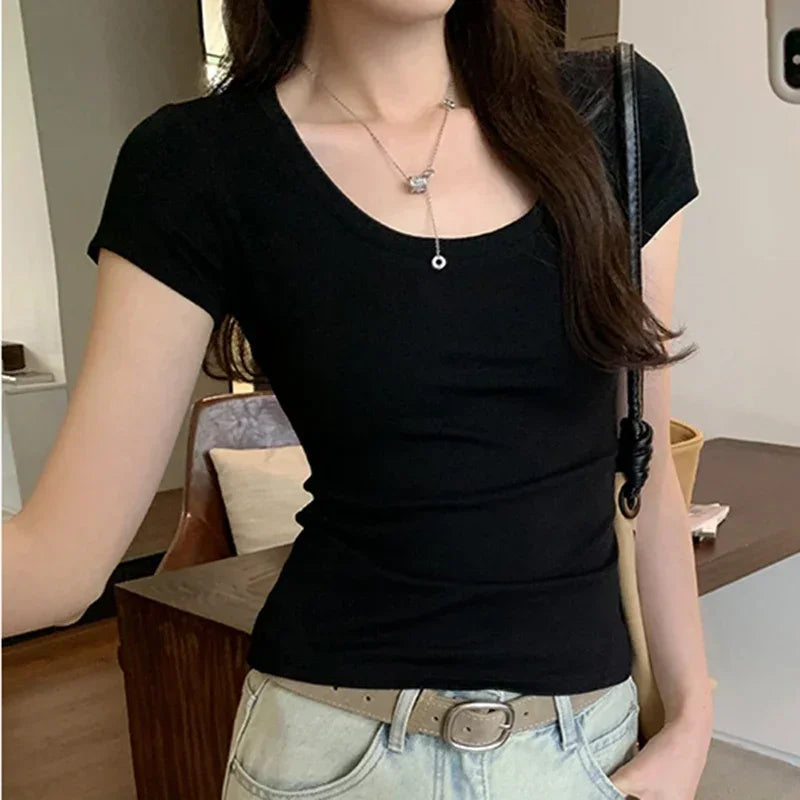 Femme 2025 Summer Casual Cotton T Shirt For Women Short Sleeve Tshirts Fashion Womens Clothing Slim Basic O Neck Y2K Tee Shirt