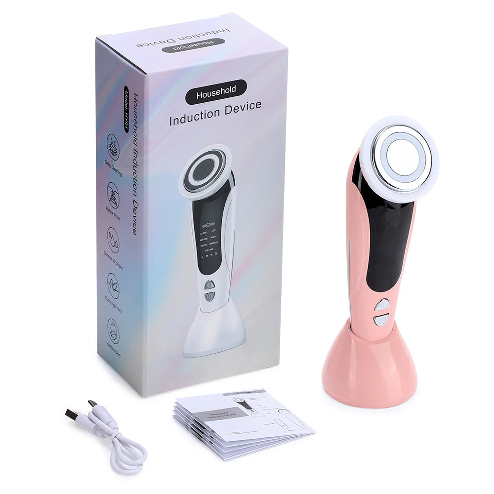 7 in 1 EMS Facial Massager Face Beauty Instrument with Induced Vibration and Hot Compress Face Skin Care Tool LED Light Therapy