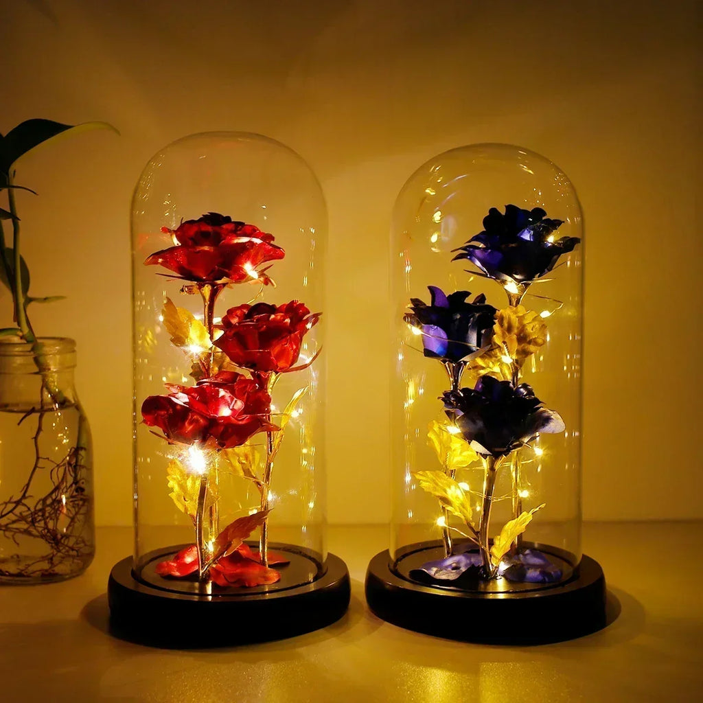 Rose enchantée en verre avec lumières LED, fleur artificielle, cadeau de Noël, la belle et la bête, Saint Valentin