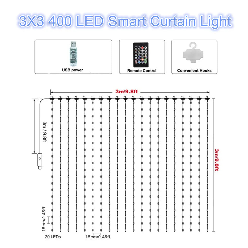 Smart Curtain Lights 400 LED Curtain Light with APP & Remote,DIY String Fairy Light for Valentine's Day, Motel, Bedroom