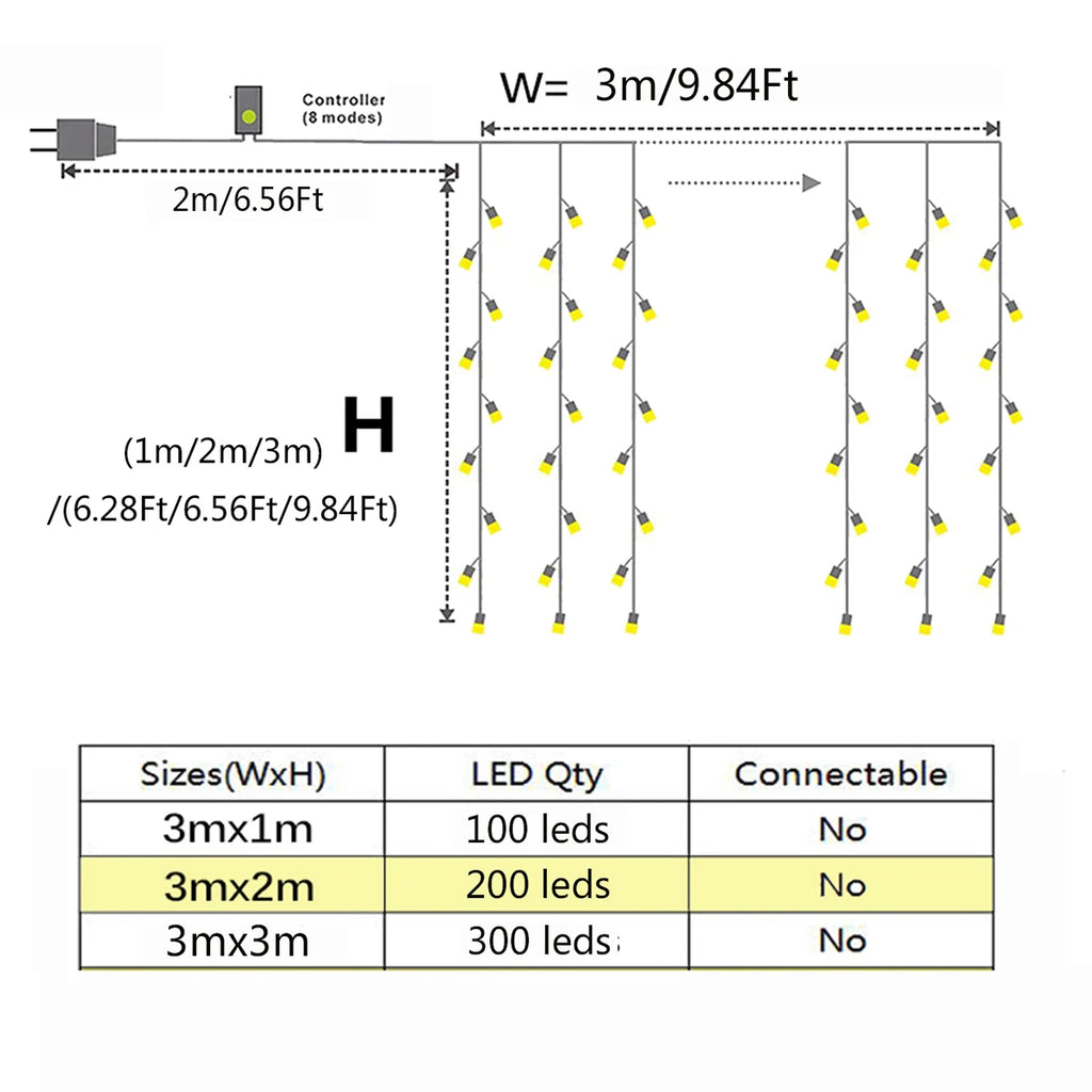 3M LED Curtain Fairy Light Flexible String Lights Christmas Garland Wreath Wedding Party Home Garden New Year Decoration Lamp