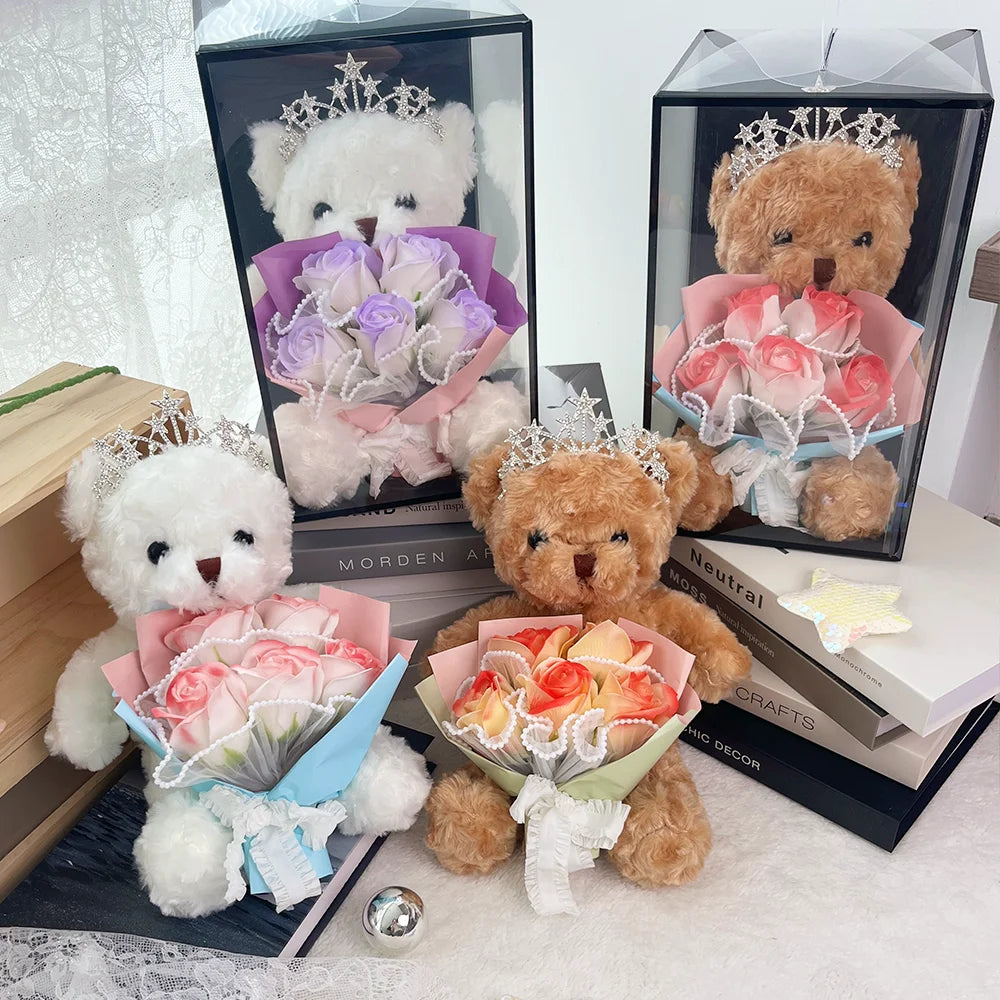 1pc Rose Flower Bouquet Bear Gifts Box Creative Artificial Soap Flowers Bouquet Wedding Birthday Christmas Gifts for Women Girls