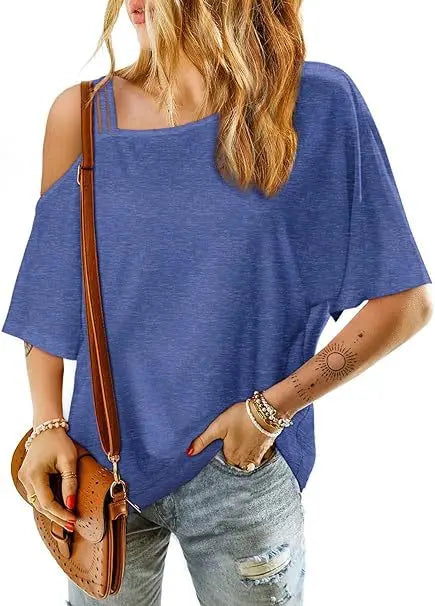 2025 Women's T-shirt Trendy Summer Solid Color New Casual Slant Neck Off-shoulder Wear Loose Short-sleeved Femme Streetwear Tee