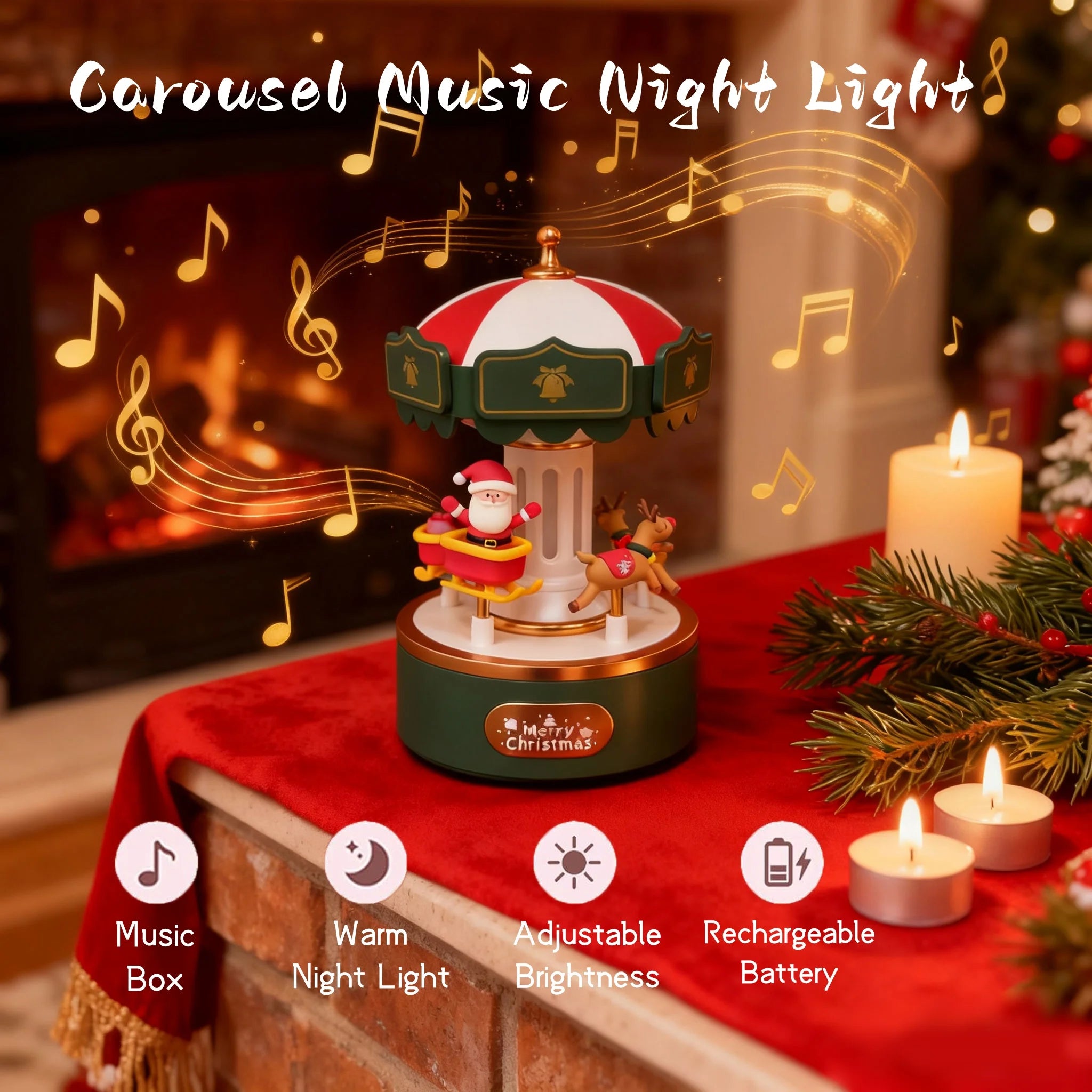 Christmas style carousel&small flame music box ambient light, rechargeable night light, Christmas, birthday decorative light