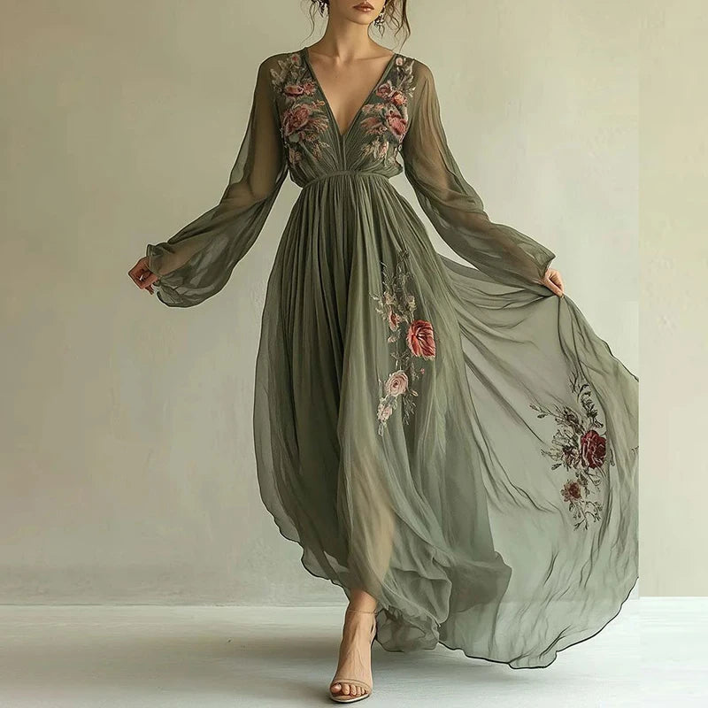 Women's Clothing Trend 2025 Spring Long Sleeve High Waist Evening Dresses Sexy V Neck Floral Printed Boho Holiday Dress Vestidos