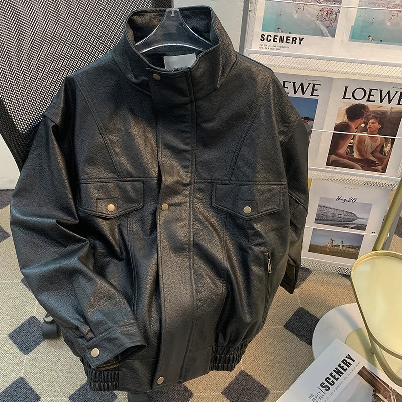 American High Street Motorcycle Jaet Men's Spring Autumn Trendy Brand Haome Loose Versatile PU Leather Workwear Coat