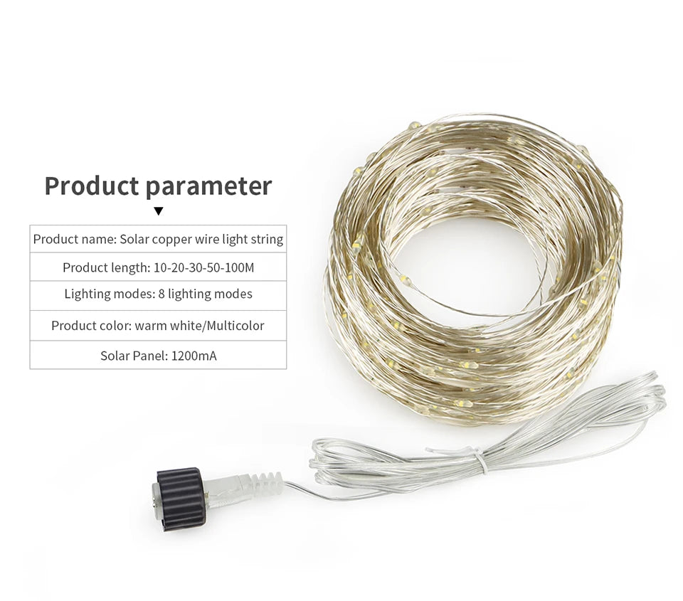 100M Fast Charge Large Size Solar Panel LED Solar Light Outdoor Garden Fairy Lights String Christmas Garland Yard Decoration