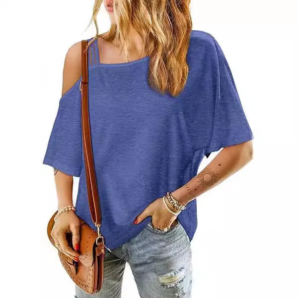 2025 Women's T-shirt Trendy Summer Solid Color New Casual Slant Neck Off-shoulder Wear Loose Short-sleeved Femme Streetwear Tee