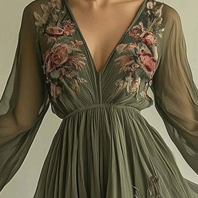 Women's Clothing Trend 2025 Spring Long Sleeve High Waist Evening Dresses Sexy V Neck Floral Printed Boho Holiday Dress Vestidos