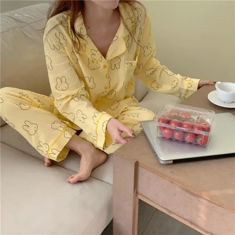 Kawaii MIffy Cotton Gauze Pajamas Long Sleeve Trousers Cardigan Home Suit Two Sets Christmas Gift