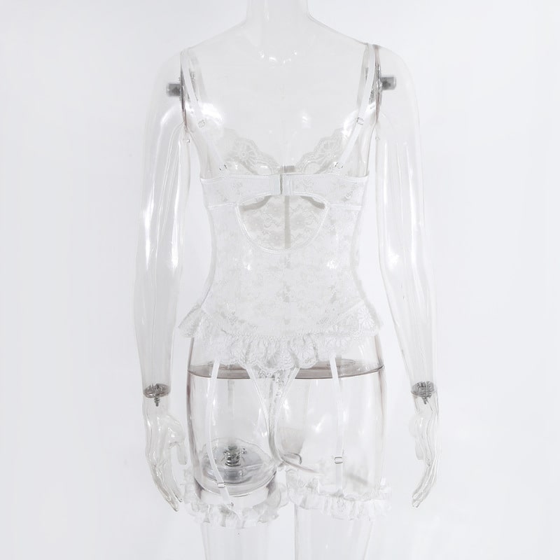 White Lace Ruffled Bridal Lingerie Set Back Show