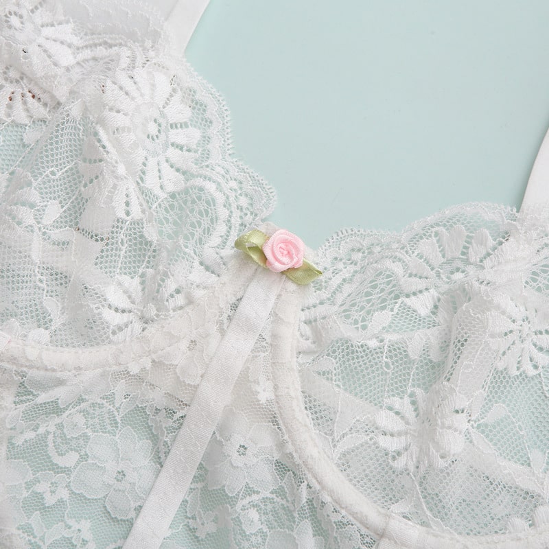 White Lace Ruffled Bridal Lingerie Set Bra Over View