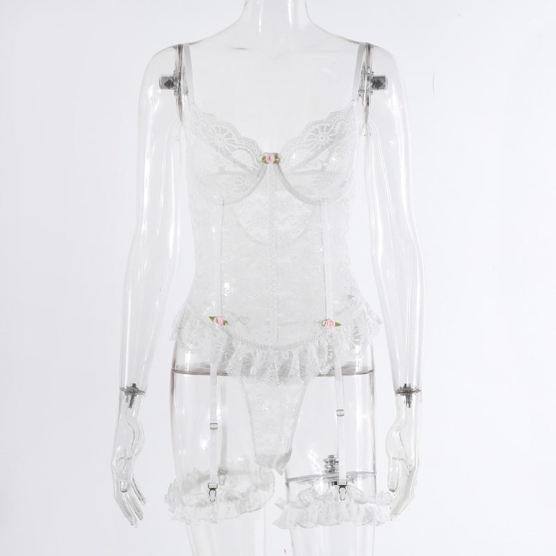 White Lace Ruffled Bridal Lingerie Set Front Show