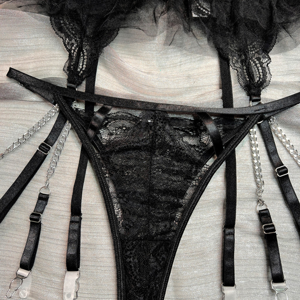 Wholesale Black Classy Lace Bralette and Panty Set with Halter Neck Panty Details