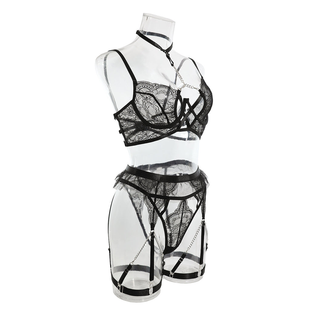 Wholesale Black Classy Lace Bralette and Panty Set with Halter Neck Side View