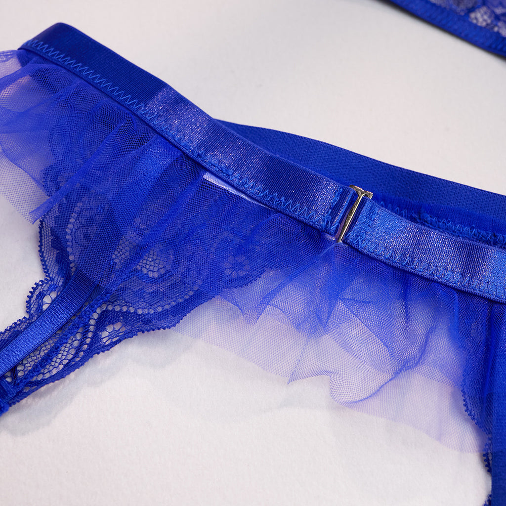 Wholesale Blue Classy Lace Bralette and Panty Set with Halter Neck Waist Details