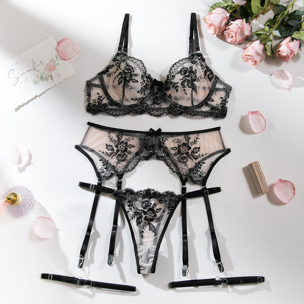 Wholesale Romantic Bra and Panty Set with Lace Garter Over View