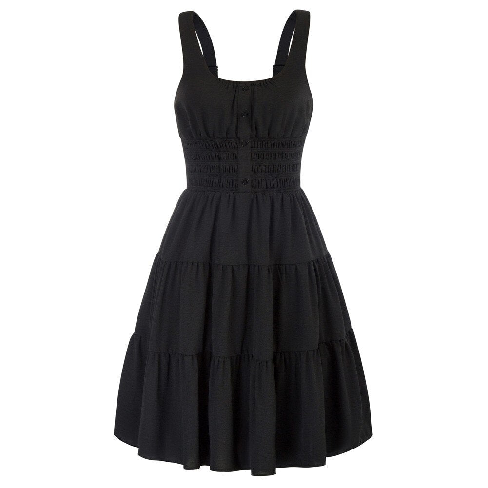 Casual Dresses Women Square Neck Short Dress Sexy Elegant Wide Straps Smocked Tiered Pure Color Pleated Summer Lady A-Line Dress