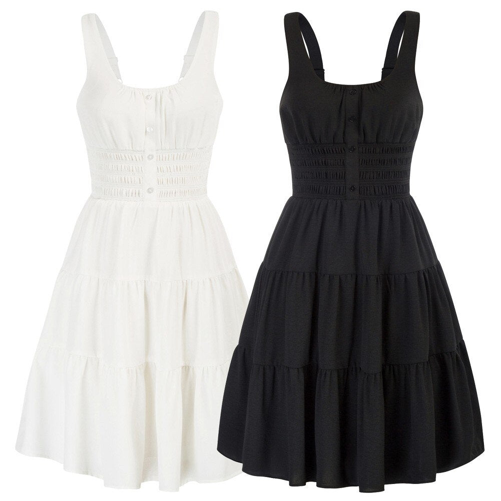 Casual Dresses Women Square Neck Short Dress Sexy Elegant Wide Straps Smocked Tiered Pure Color Pleated Summer Lady A-Line Dress