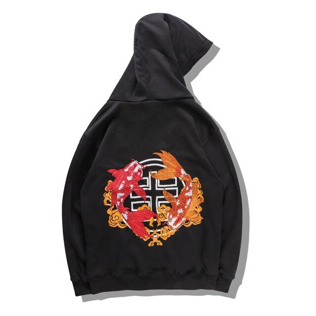 Chinese Style Top Men Carp Koi Embroidered Print Hooded Sweatshirts Hoodies Harajuku Hip Hop Pullover Hoodie Streetwear
