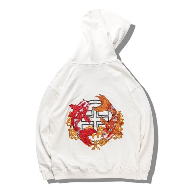 Chinese Style Top Men Carp Koi Embroidered Print Hooded Sweatshirts Hoodies Harajuku Hip Hop Pullover Hoodie Streetwear