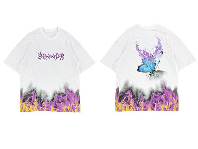DARK Flame Butterfly Oversize T Shirt Cotton Punk Rock Streetwear Hip Hop T Shirt Men Harajuku Short Sleeve Tees