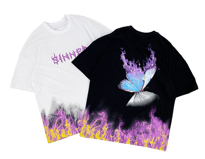 DARK Flame Butterfly Oversize T Shirt Cotton Punk Rock Streetwear Hip Hop T Shirt Men Harajuku Short Sleeve Tees