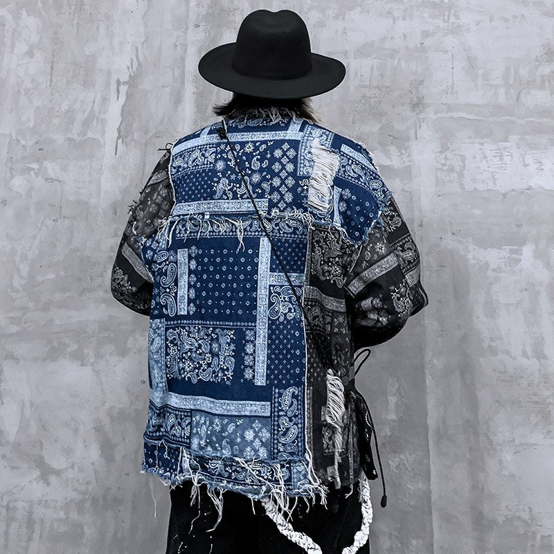 Denim Jacket Men Patch Vintage Totems Turn-down Collar Cowboy Outwear Couple Punk Cool Harajuku Loose Jean Coats Autumn