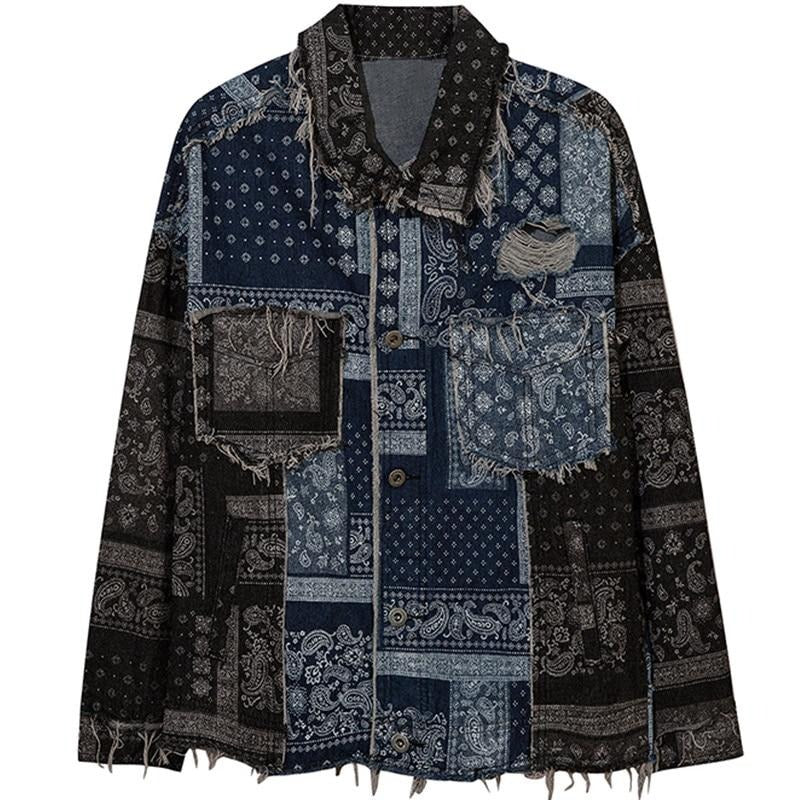 Denim Jacket Men Patch Vintage Totems Turn-down Collar Cowboy Outwear Couple Punk Cool Harajuku Loose Jean Coats Autumn