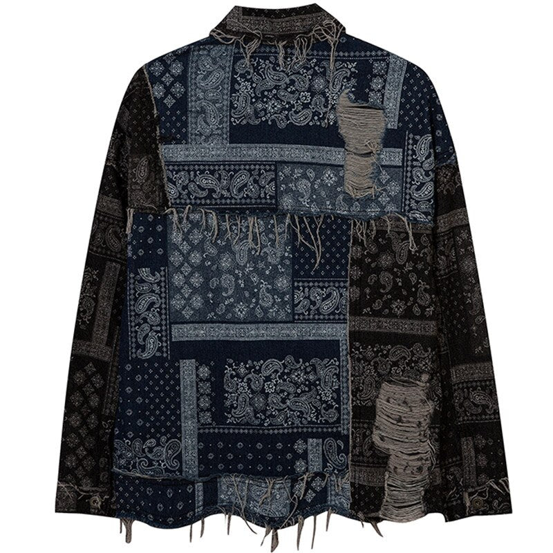 Denim Jacket Men Patch Vintage Totems Turn-down Collar Cowboy Outwear Couple Punk Cool Harajuku Loose Jean Coats Autumn