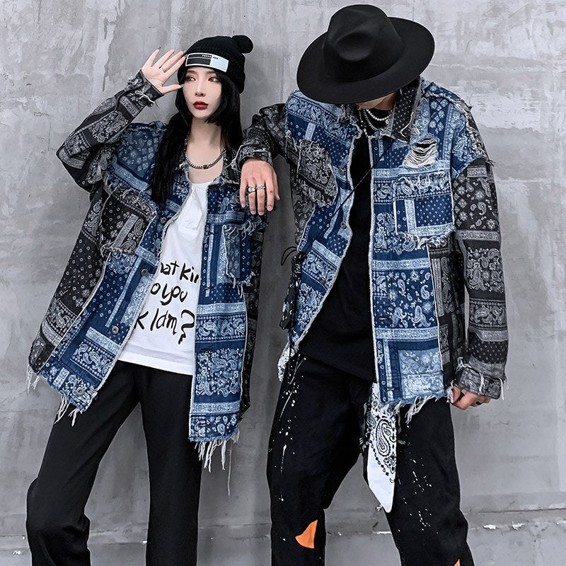 Denim Jacket Men Patch Vintage Totems Turn-down Collar Cowboy Outwear Couple Punk Cool Harajuku Loose Jean Coats Autumn