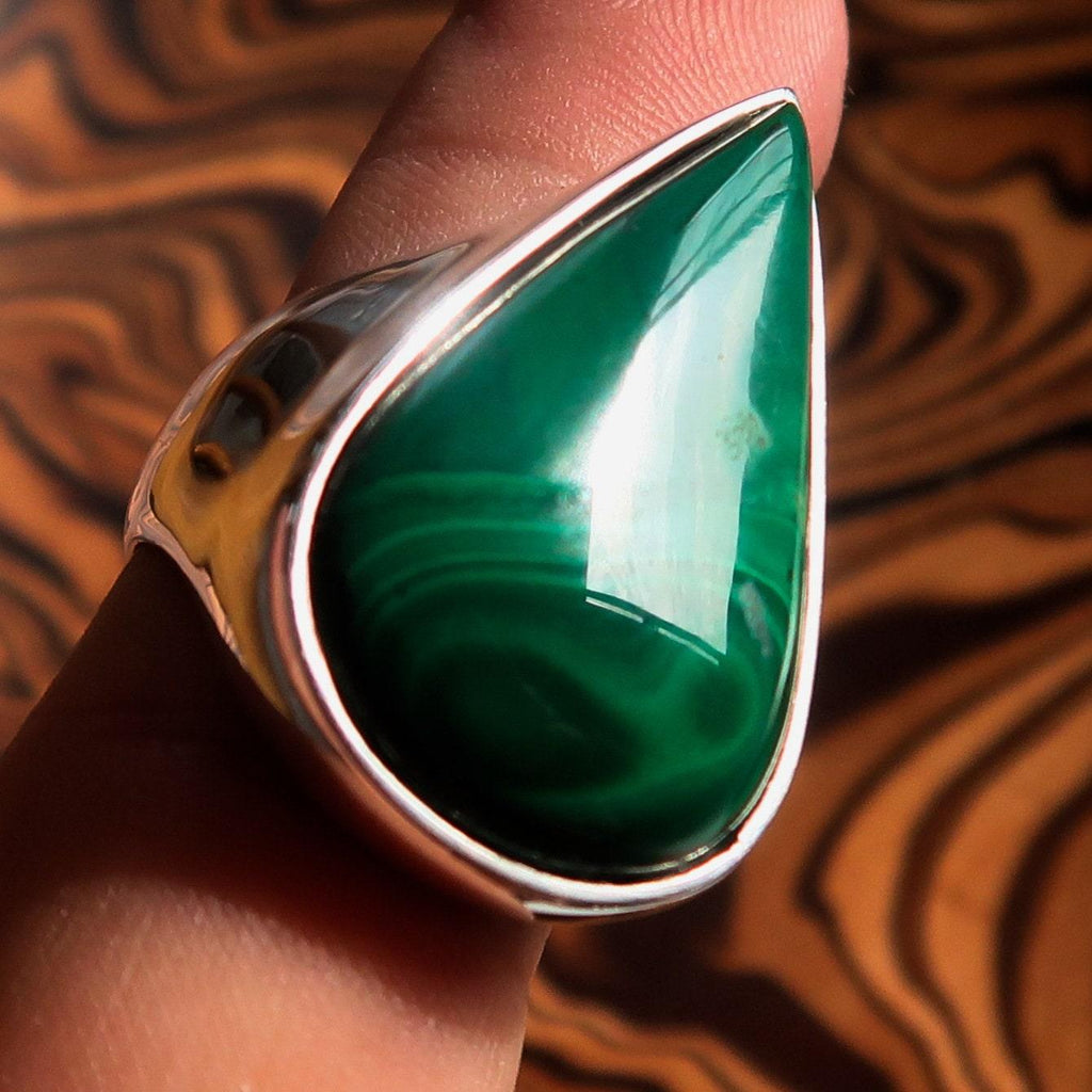Malachite Silver Ring, Sterling Silver Ring, Pear shaped Ring, Natural Green Malachite Ring, Handmade Silver Ring Gift for Her - Size 8.5