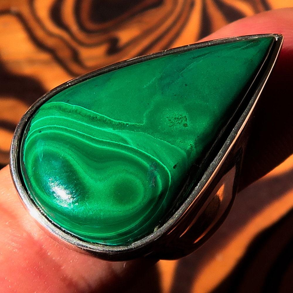 Malachite Silver Ring, Sterling Silver Ring, Pear shaped Ring, Natural Green Malachite Ring, Handmade Silver Ring Gift for Her - Size 8.5