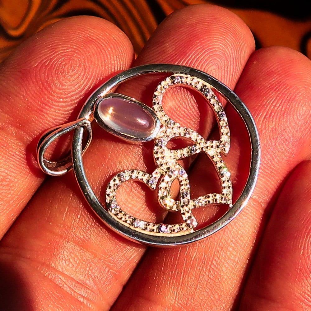 Sterling Silver Pendant, Three Hearts Pendant, Ceylon Moonstone and CZ, flying heart amulet, 925 pendant, Love symbol pendant, gift for her