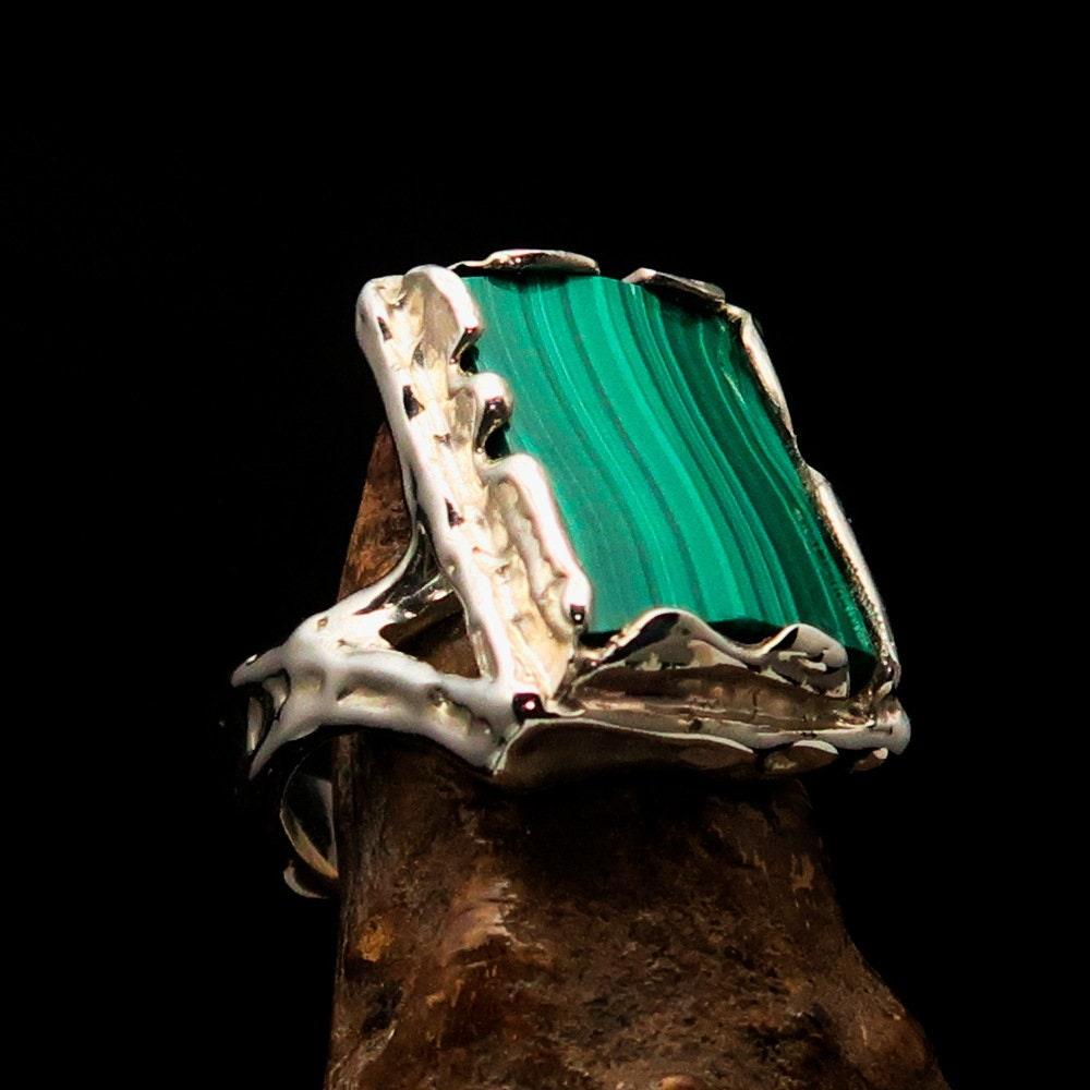 Green Malachite Ring, Artwork Sterling Silver Ring, rectangle shaped Green Malachite, handmade silver ring, unique silver ring - Size 9