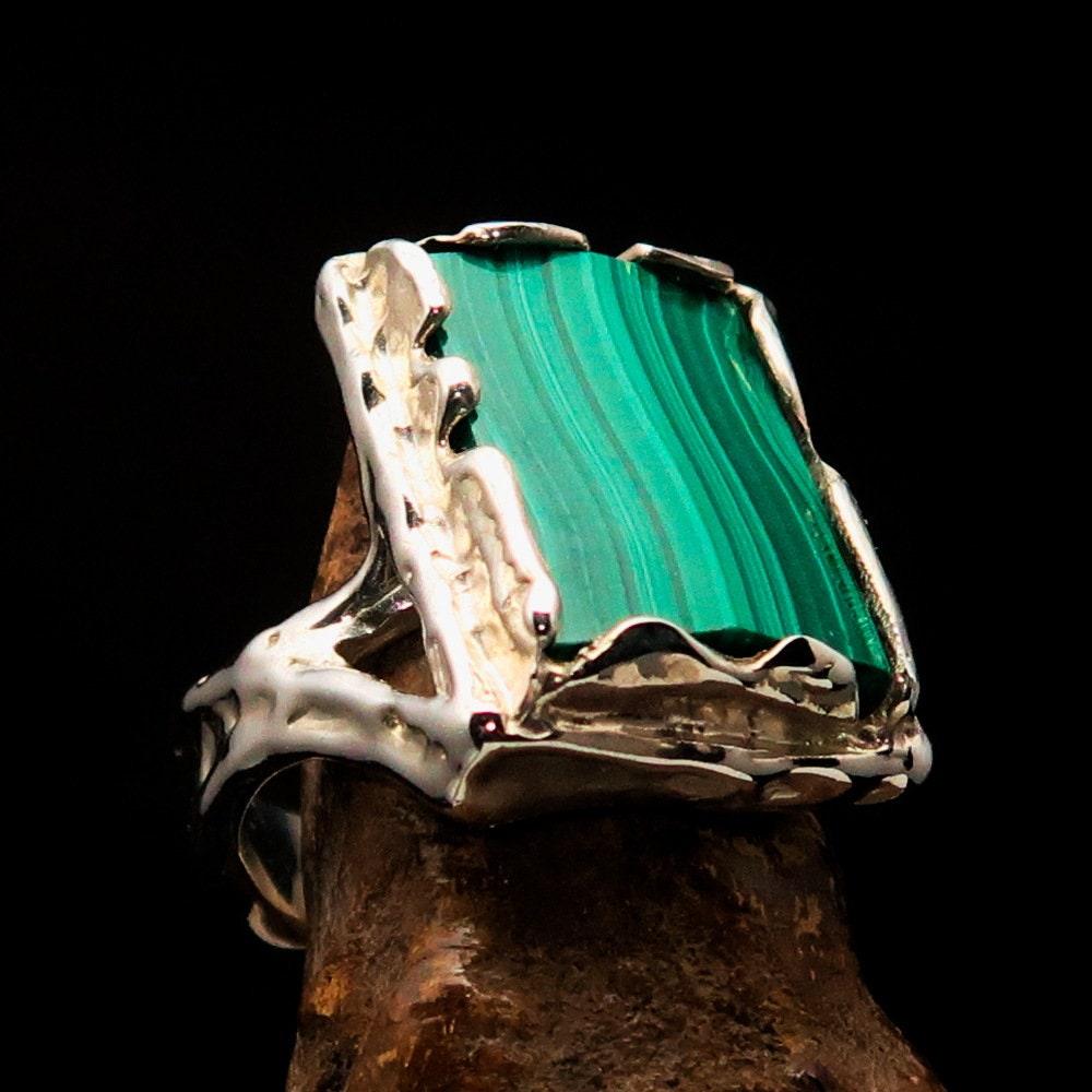 Green Malachite Ring, Artwork Sterling Silver Ring, rectangle shaped Green Malachite, handmade silver ring, unique silver ring - Size 9