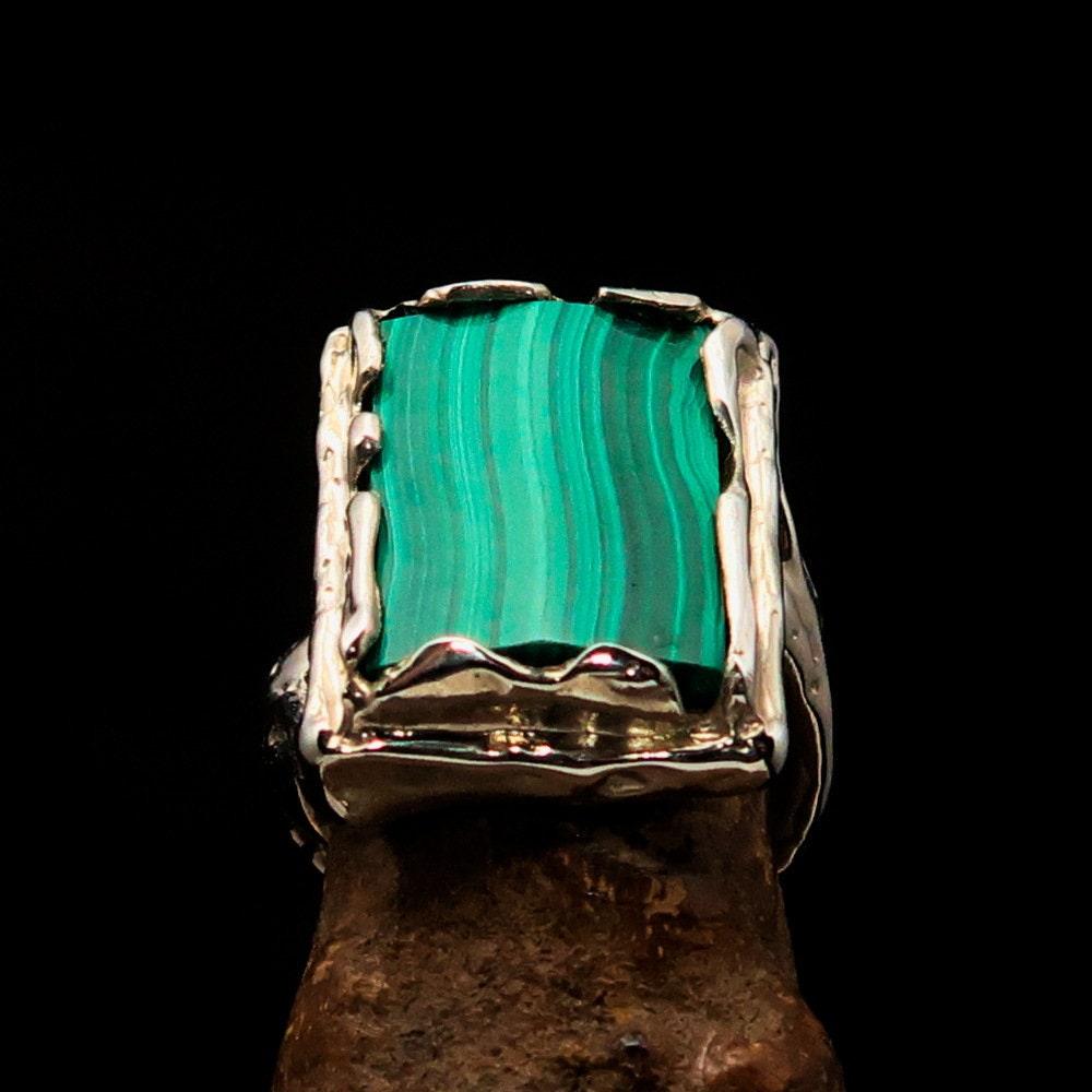Green Malachite Ring, Artwork Sterling Silver Ring, rectangle shaped Green Malachite, handmade silver ring, unique silver ring - Size 9