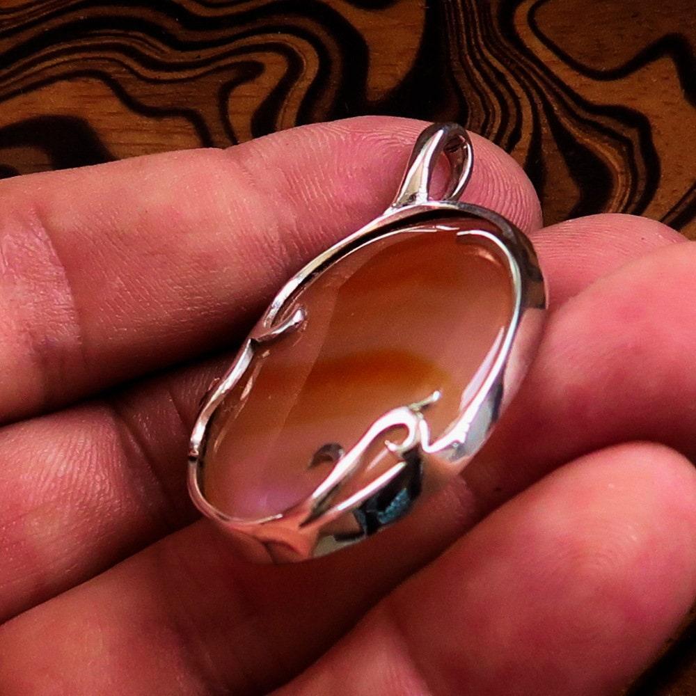 Orange Agate Pendant, Sterling Silver Amulet, Floral Design, Artwork Pendant, orange Agate cabochon, Gift for her, Agate Necklace, unique