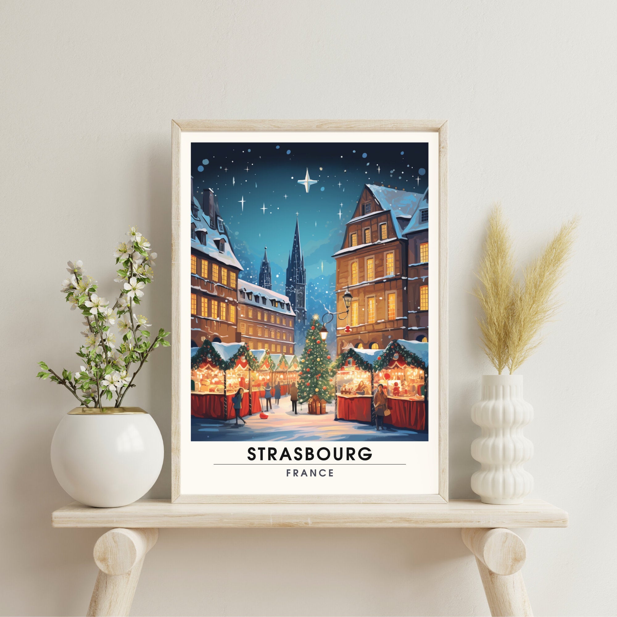 Affiche Strasbourg | Impression de voyage Strasbourg Noël | Affiche Marché de Noël de Strasbourg | Décoration de Noël Strasbourg