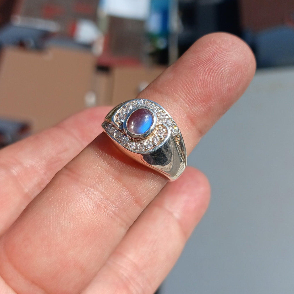 Moonstone Ring, Moonstone Silver Ring, Square shaped Ring, Sterling Silver Ring, oval shaped Ceylon Moonstone and 18 CZ handmade ring Size 8