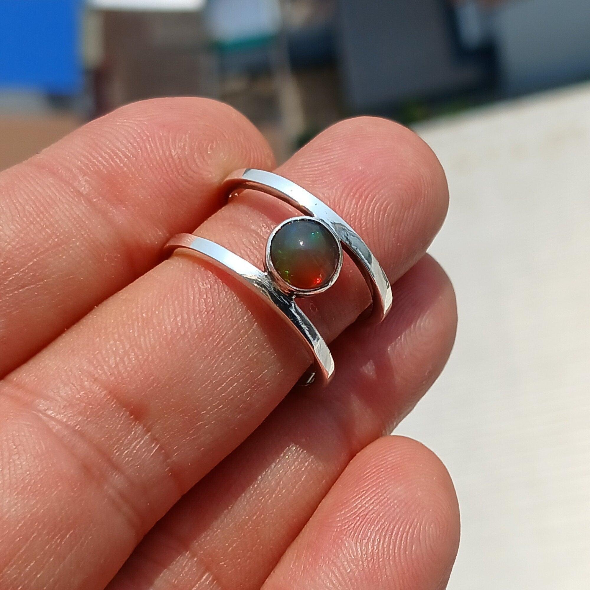 Opal Silver Ring, Opal Ring, Sterling Silver Solitaire Ring, Natural Multi color Opal, Handmade Opal ring, Minimalist Gift for Her Size 8