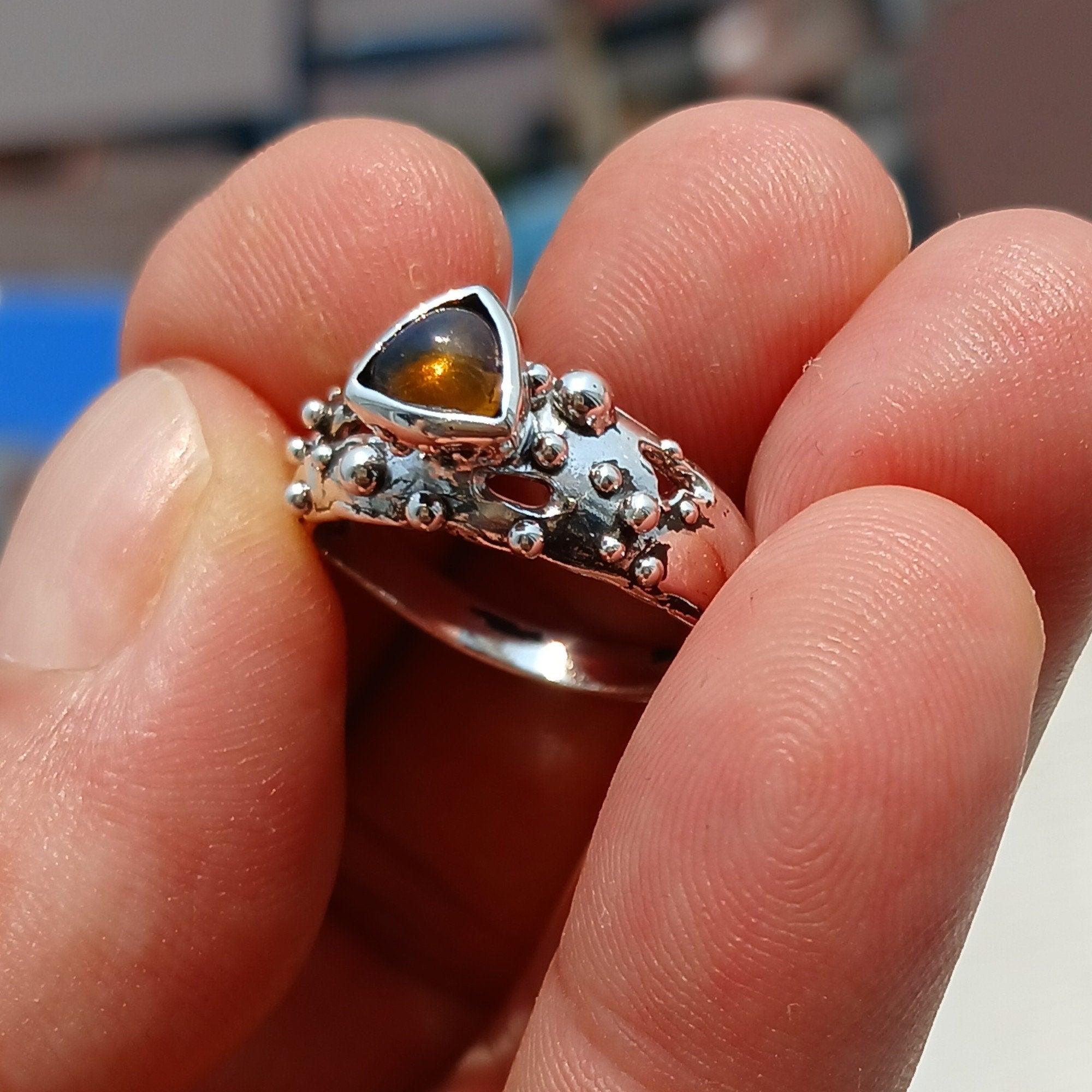 Natural Opal Ring, Sterling Silver Ring, Solitaire Ring, Triangle shaped Opal, handmade Opal Ring, unique jewelry design, gift for her - Size 8.5