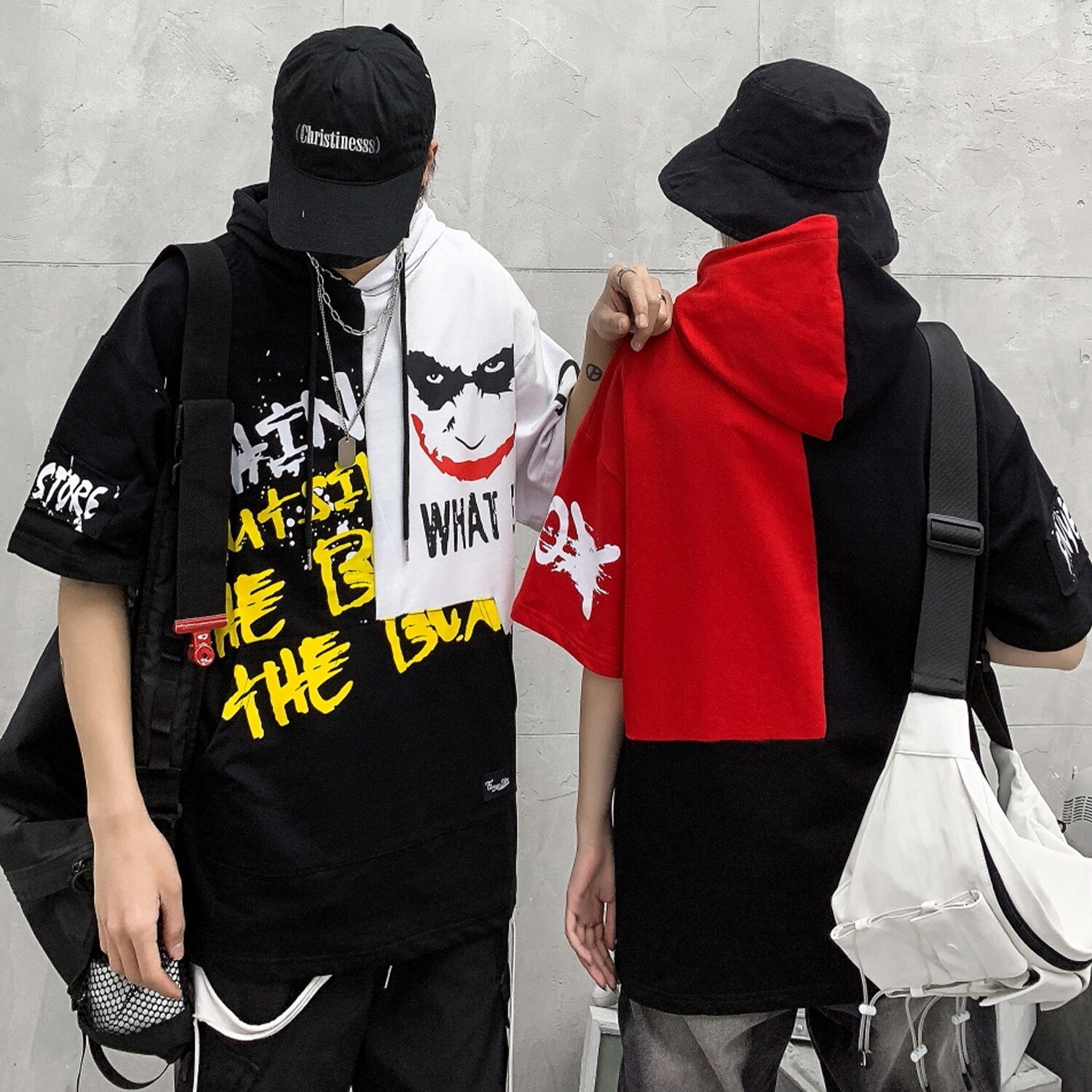 Hip Hop Color Block Smile Letter Print Men T Shirt Harajuku Fashion Streetwear Hooded Casual Cotton Tops Tee