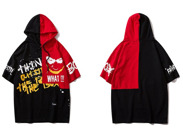 Hip Hop Color Block Smile Letter Print Men T Shirt Harajuku Fashion Streetwear Hooded Casual Cotton Tops Tee