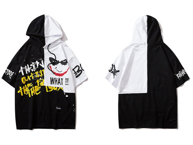 Hip Hop Color Block Smile Letter Print Men T Shirt Harajuku Fashion Streetwear Hooded Casual Cotton Tops Tee