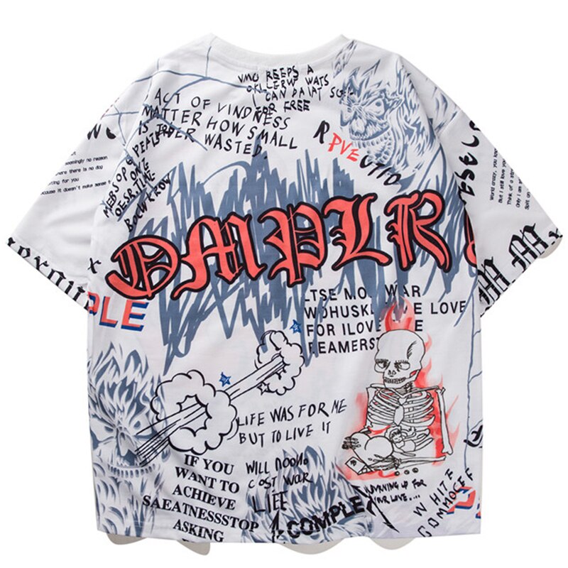 Mens Short Sleeve T-shirt Graffiti Tees Shirts Flame Print Skateboard Tshirts Male Cotton Hip Hop Streetwear KJ54