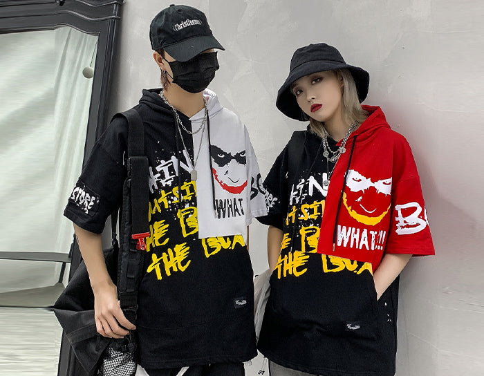 Hip Hop Color Block Smile Letter Print Men T Shirt Harajuku Fashion Streetwear Hooded Casual Cotton Tops Tee